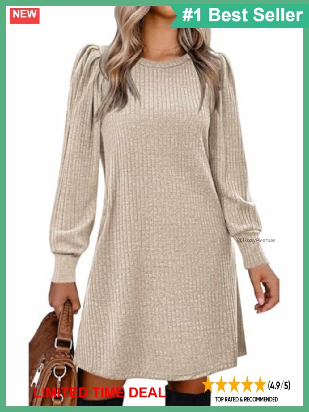 Knit Puff Sleeve Tunic Dress Crew Neck Pullover A-Line Knee Length Casual